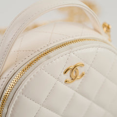 Chanel Handle with Care Quilted Round Vanity Case Lambskin White