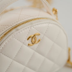 Chanel Handle with Care Quilted Round Vanity Case Lambskin White