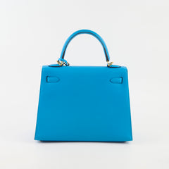 Hermes Kelly 25 Epsom Bleu Frida - Y Stamp