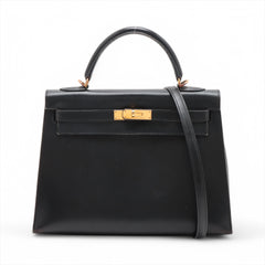 Hermes Kelly 32 Box Leather Black Noir G Square Stamp