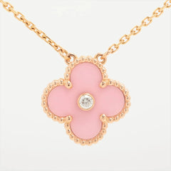 Van Cleef & Arpels Holiday Vintage Size Alhambra Pink Porcelain Diamond Necklace