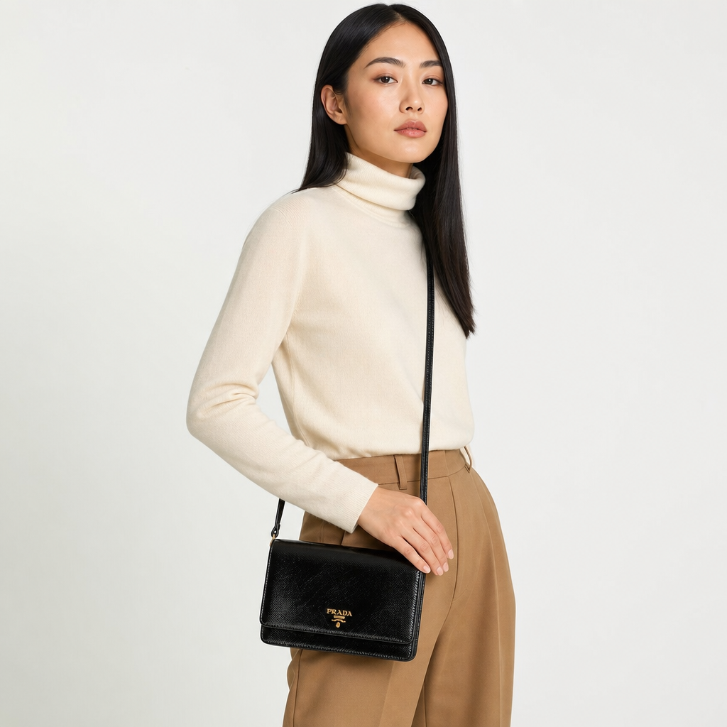 Prada Shiny Black Wallet On Chain Crossbody - On model