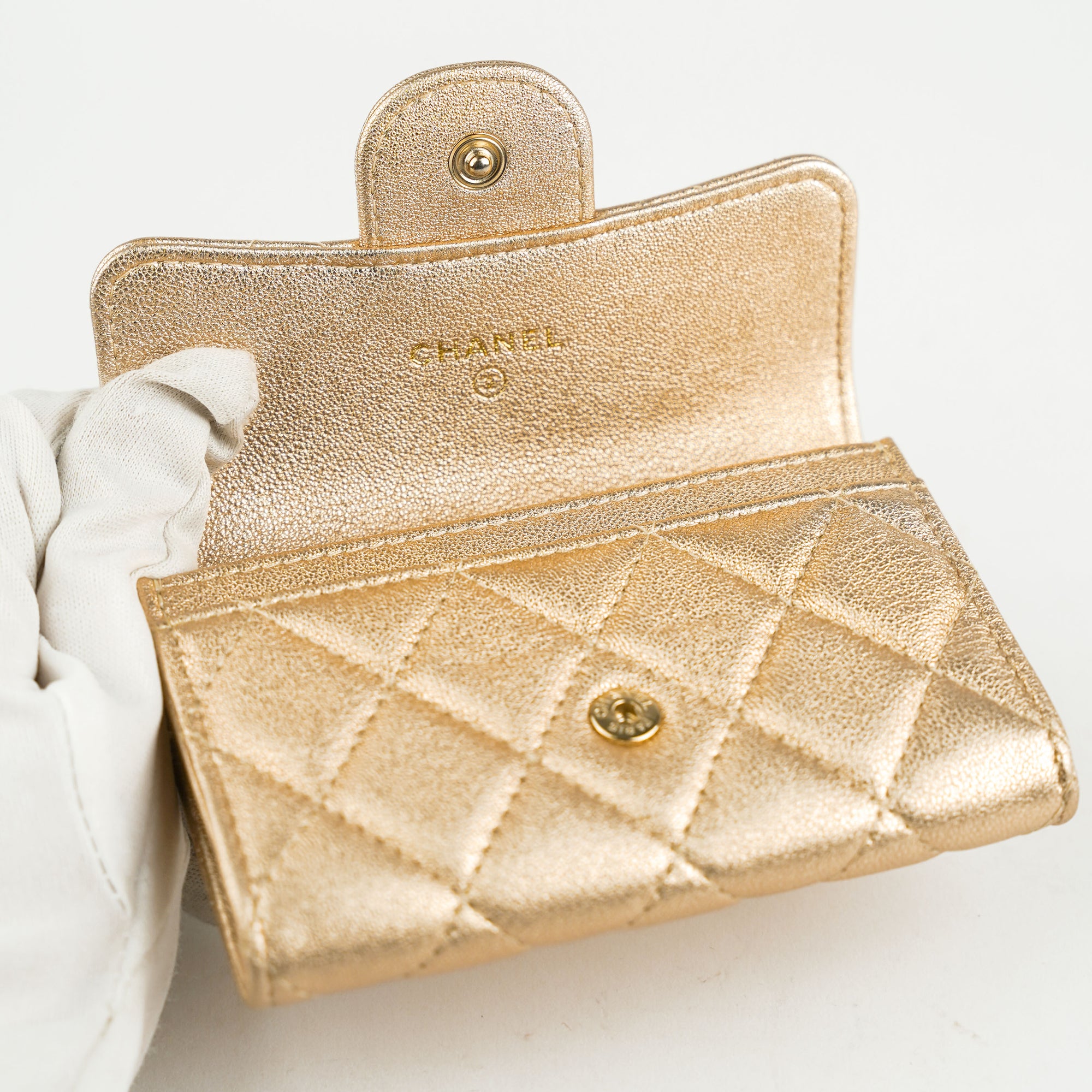CHANEL Metallic Lambskin Quilted Flap Card Holder Wallet Gold 1150475   FASHIONPHILE