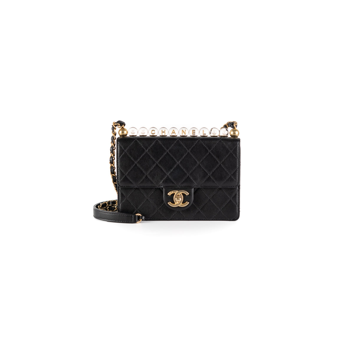 CHANEL Calfskin Quilted Mini Maxi Pearls Wallet On Chain WOC Black 1248354