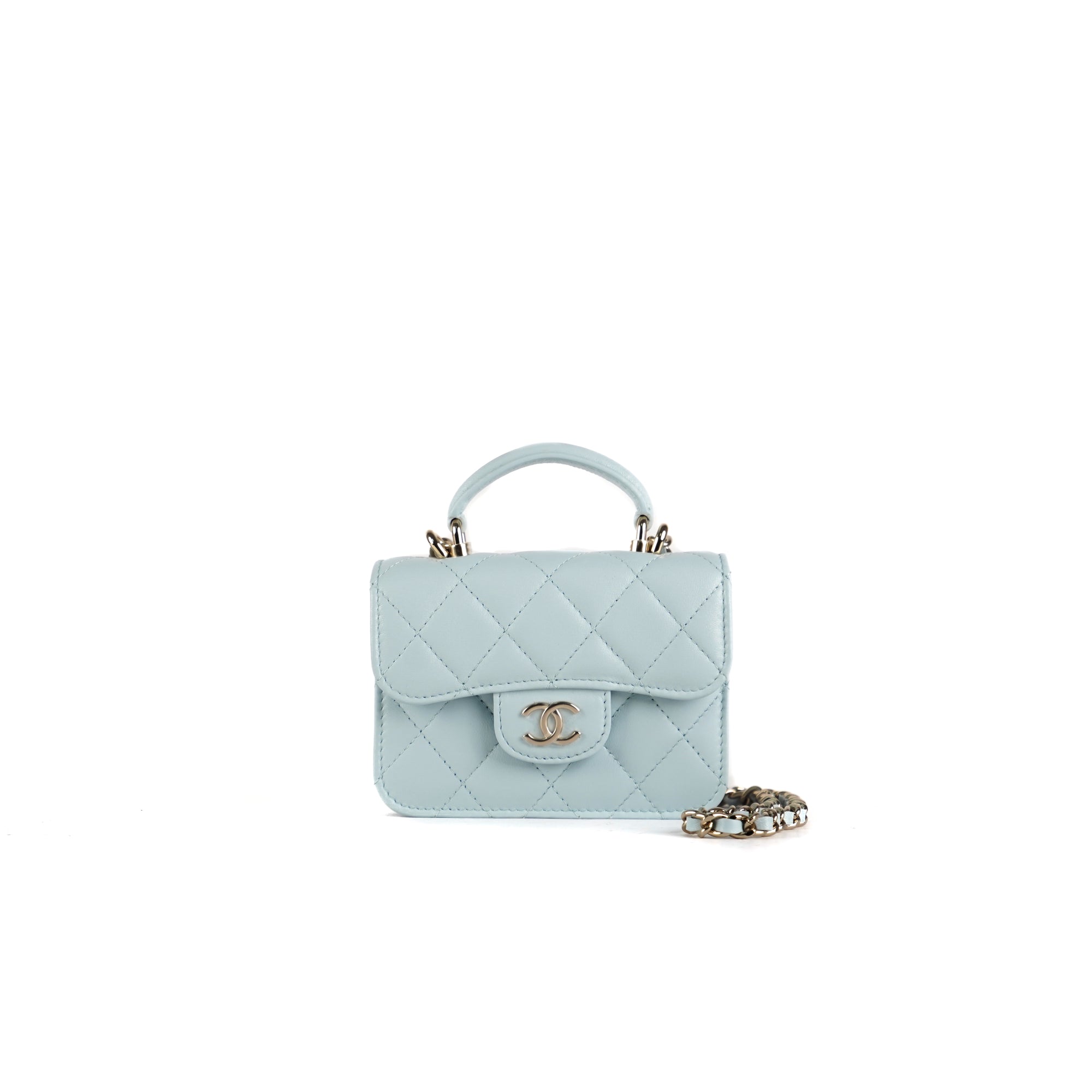 Chanel Flap Coin Purse with Chain in Lambskin Light Blue - THE