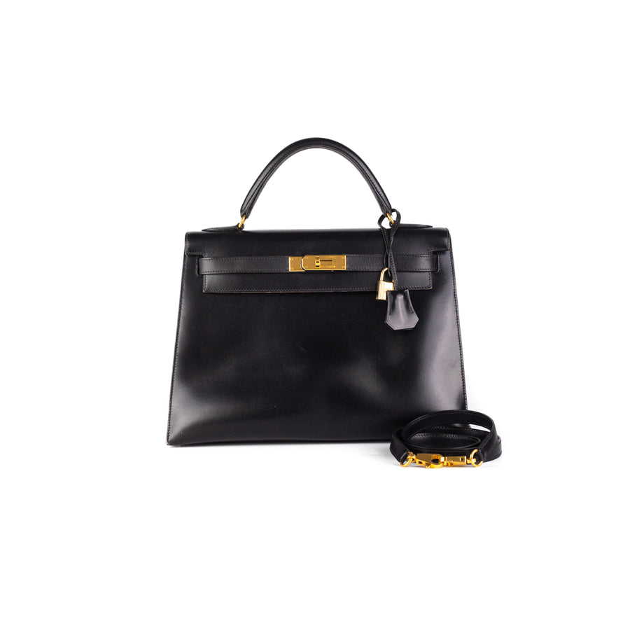 A BLACK CALF BOX LEATHER KELLY CUT WITH GOLD HARDWARE