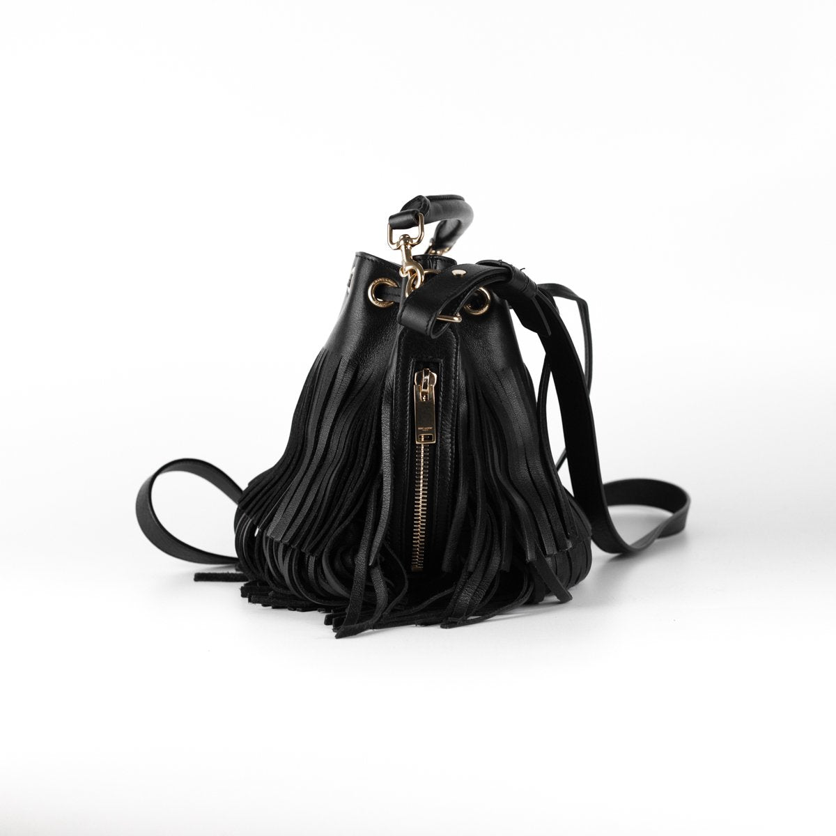Black Leather suede fringed bucket bag – lusciousscarves