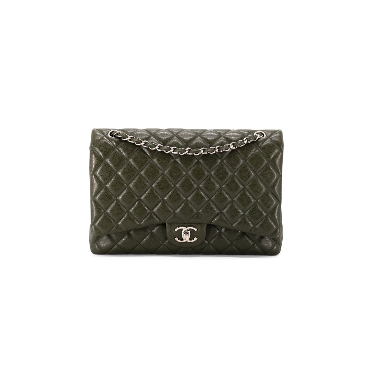 Chanel Dark Green Quilted Caviar Maxi Classic Double Flap Bag