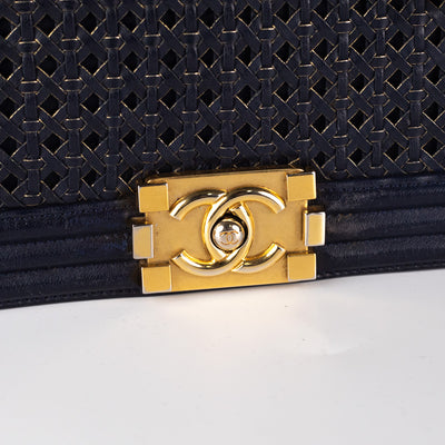 Chanel Boy Navy Woven Leather Old Medium