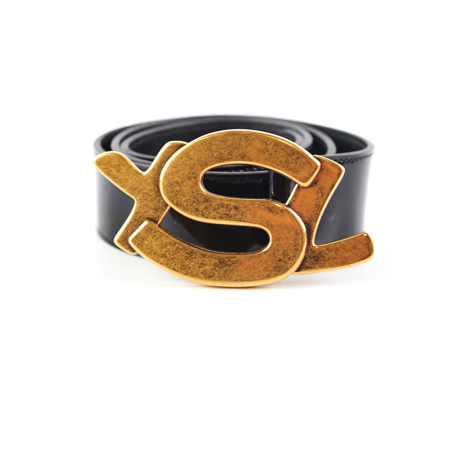 Saint Laurent Black Patent YSL Gold Enamel Buckle Belt - THE PURSE AFFAIR