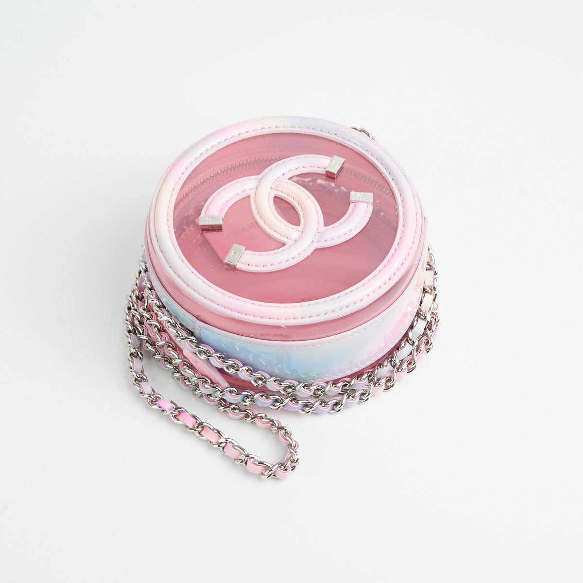 CHANEL PVC Lambskin Filigree Round Clutch With Chain Pink 879483