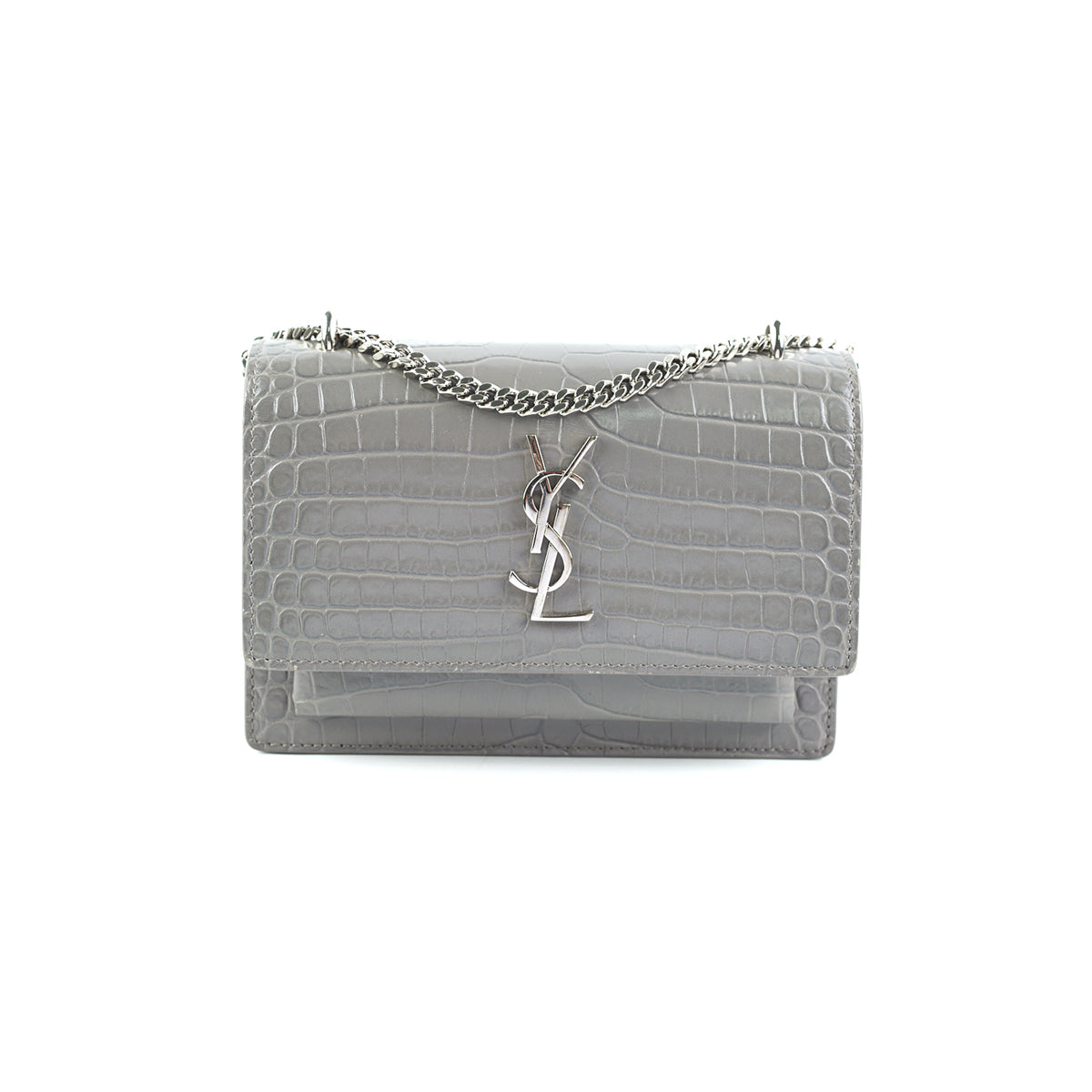 Saint Laurent Sunset Mini Grey Croc Embossed Shiny Calfskin - The Purse  Affair